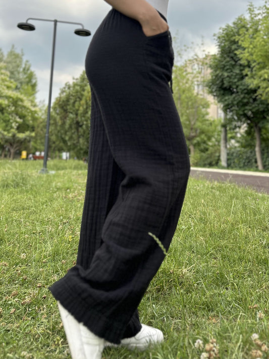 Wide Leg Black Cotton Muslin Palazzo Pants with Elastic Drawstring Waist, Lightweight Breathable Trousers for Casual Style and Summer Ease