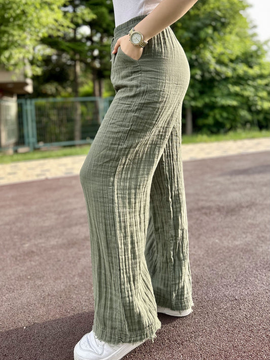 Olive Green Cotton Muslin Wide Leg Pants with Drawstring Waist, Lightweight Palazzo Lounge Trousers for Breathable Summer Style and Ease