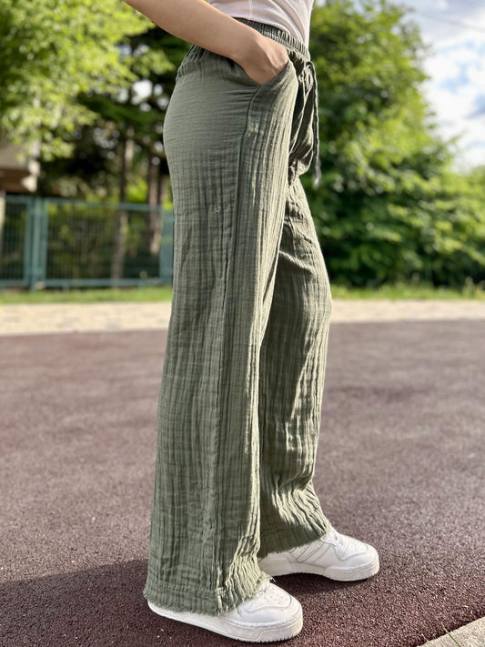 Olive Green Cotton Muslin Wide Leg Pants with Drawstring Waist, Lightweight Palazzo Lounge Trousers for Breathable Summer Style and Ease