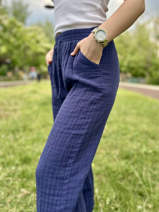 Navy Blue Cotton Muslin Wide Leg Palazzo Pants with Elastic Drawstring Waist, Lightweight Breathable Summer Trousers for Casual Comfort