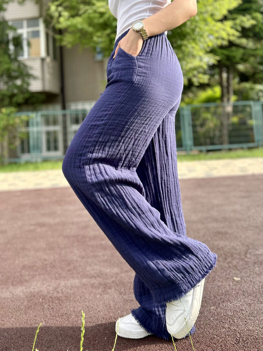 Navy Blue Cotton Muslin Wide Leg Palazzo Pants with Elastic Drawstring Waist, Lightweight Breathable Summer Trousers for Casual Comfort