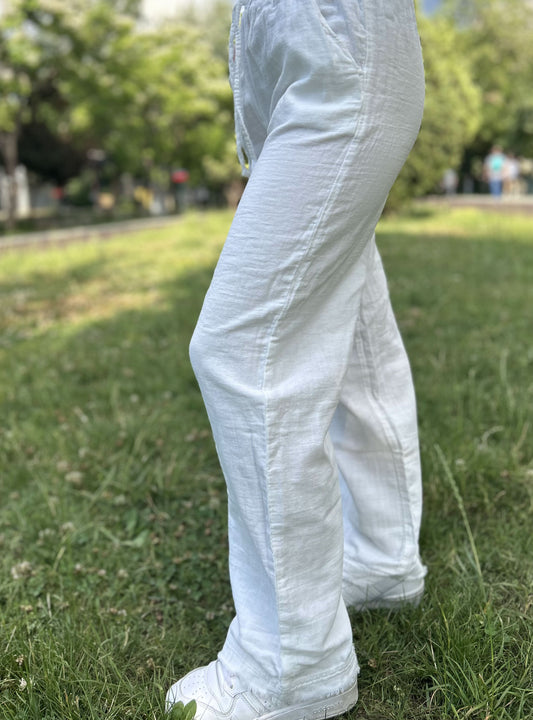 White Cotton Muslin Wide Leg Palazzo Pants with Drawstring Waist, Lightweight Breathable Lounge Trousers for Minimalist Summer Comfort