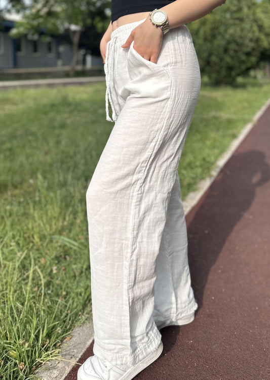 White Cotton Muslin Wide Leg Palazzo Pants with Drawstring Waist, Lightweight Breathable Lounge Trousers for Minimalist Summer Comfort