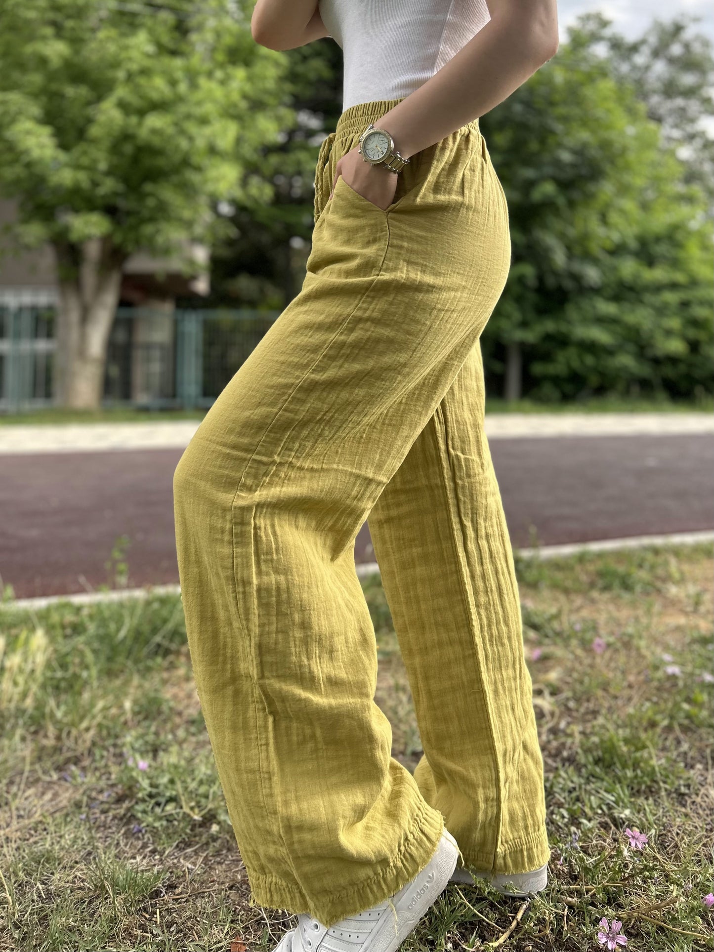 Golden Yellow Cotton Muslin Wide Leg Palazzo Pants with Drawstring Waist, Lightweight Breathable Lounge Trousers for Effortless Summer Style