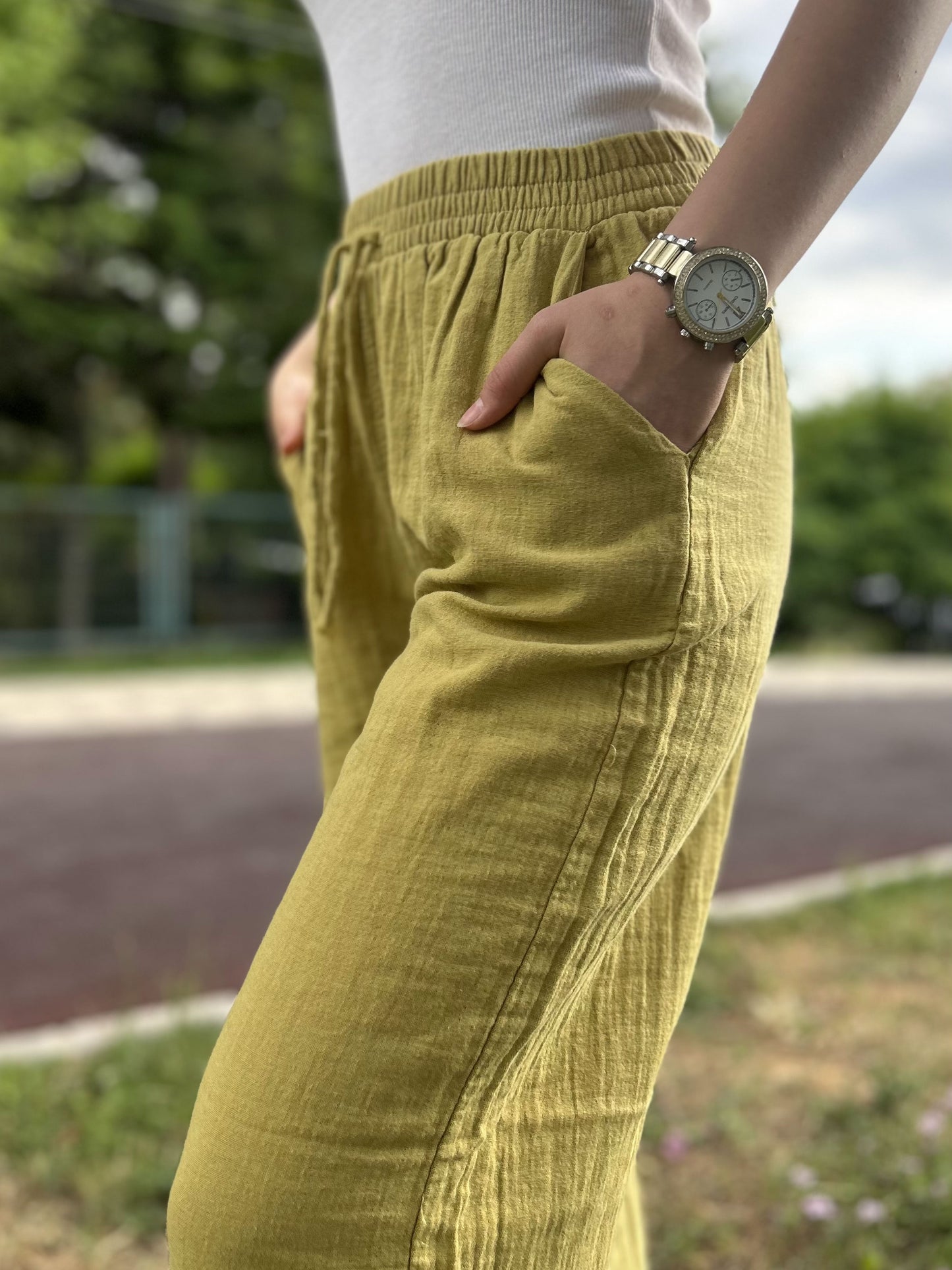 Golden Yellow Cotton Muslin Wide Leg Palazzo Pants with Drawstring Waist, Lightweight Breathable Lounge Trousers for Effortless Summer Style