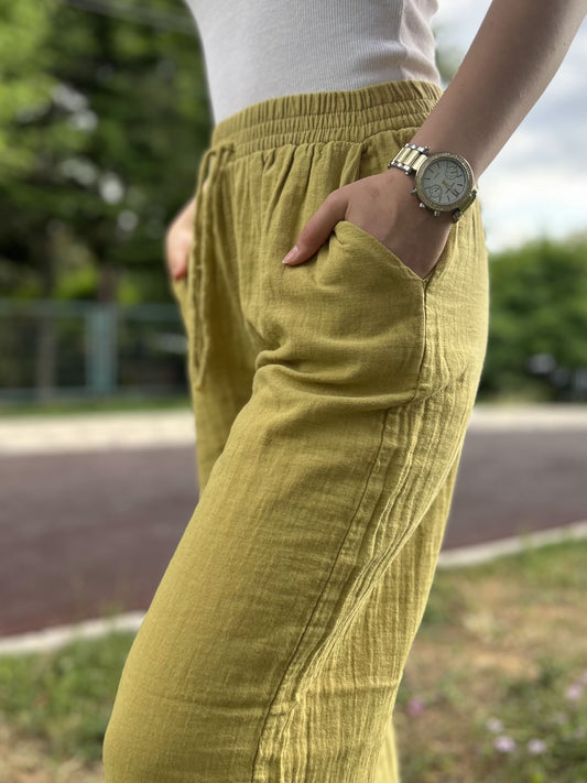 Golden Yellow Cotton Muslin Wide Leg Palazzo Pants with Drawstring Waist, Lightweight Breathable Lounge Trousers for Effortless Summer Style