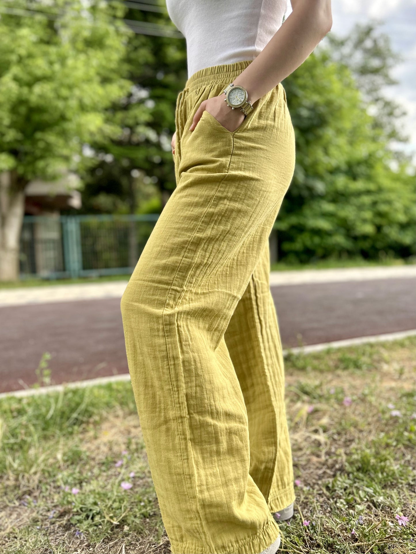 Golden Yellow Cotton Muslin Wide Leg Palazzo Pants with Drawstring Waist, Lightweight Breathable Lounge Trousers for Effortless Summer Style