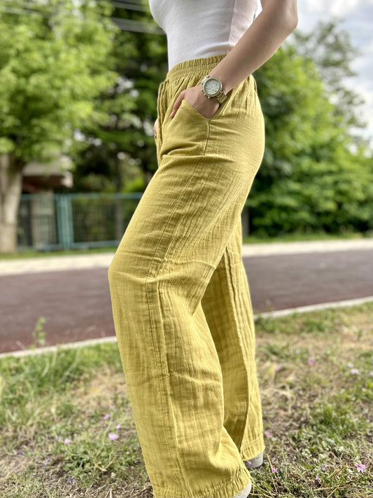 Golden Yellow Cotton Muslin Wide Leg Palazzo Pants with Drawstring Waist, Lightweight Breathable Lounge Trousers for Effortless Summer Style