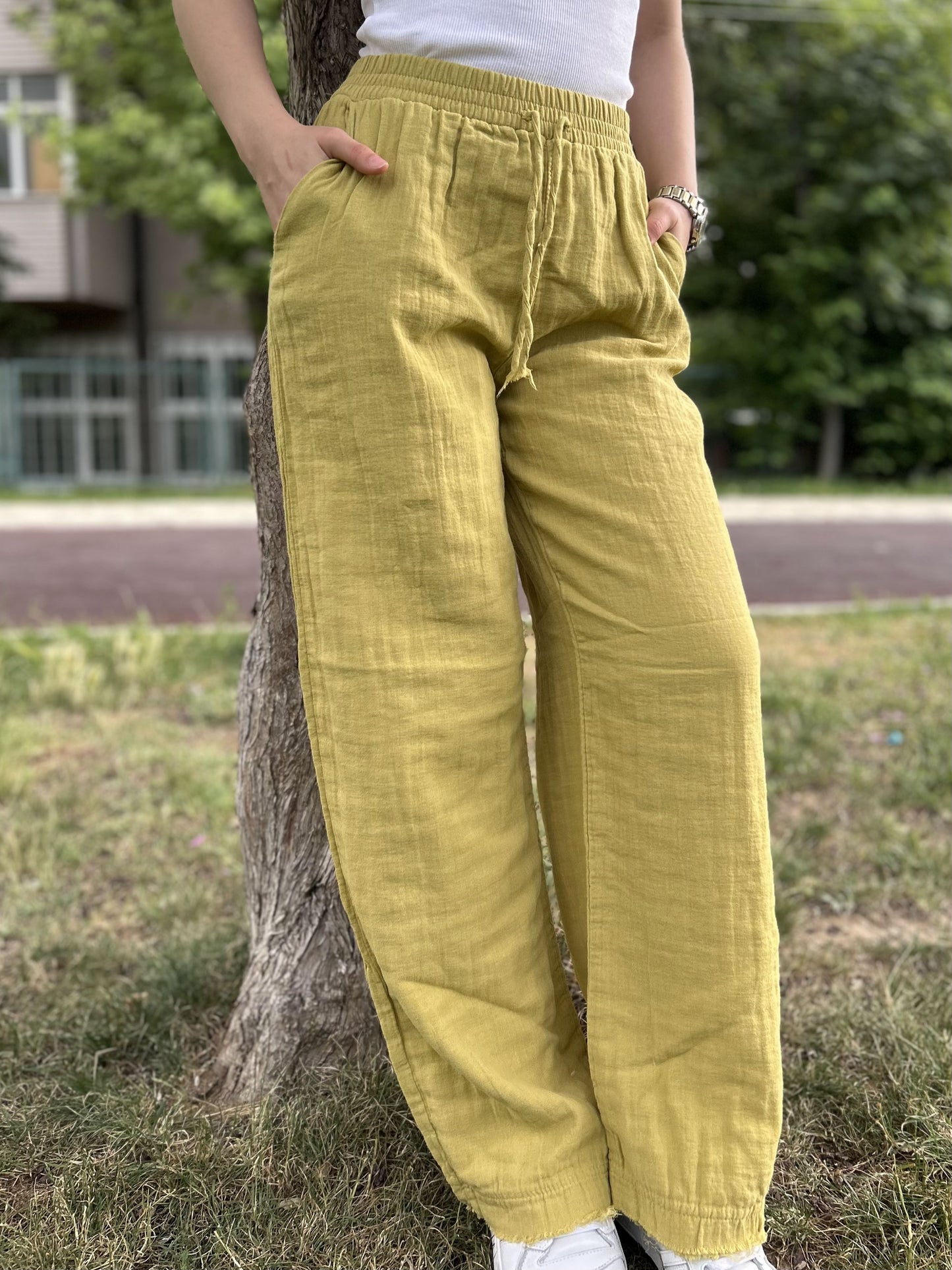Golden Yellow Cotton Muslin Wide Leg Palazzo Pants with Drawstring Waist, Lightweight Breathable Lounge Trousers for Effortless Summer Style