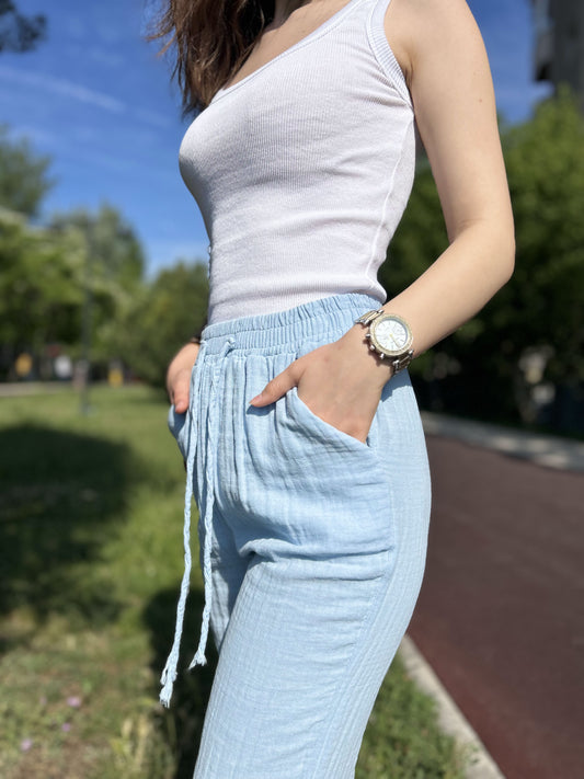 Sky Blue Cotton Muslin Palazzo Jogger Pants with Drawstring Waist, Lightweight Breathable Summer Trousers for Effortless Comfort and Style