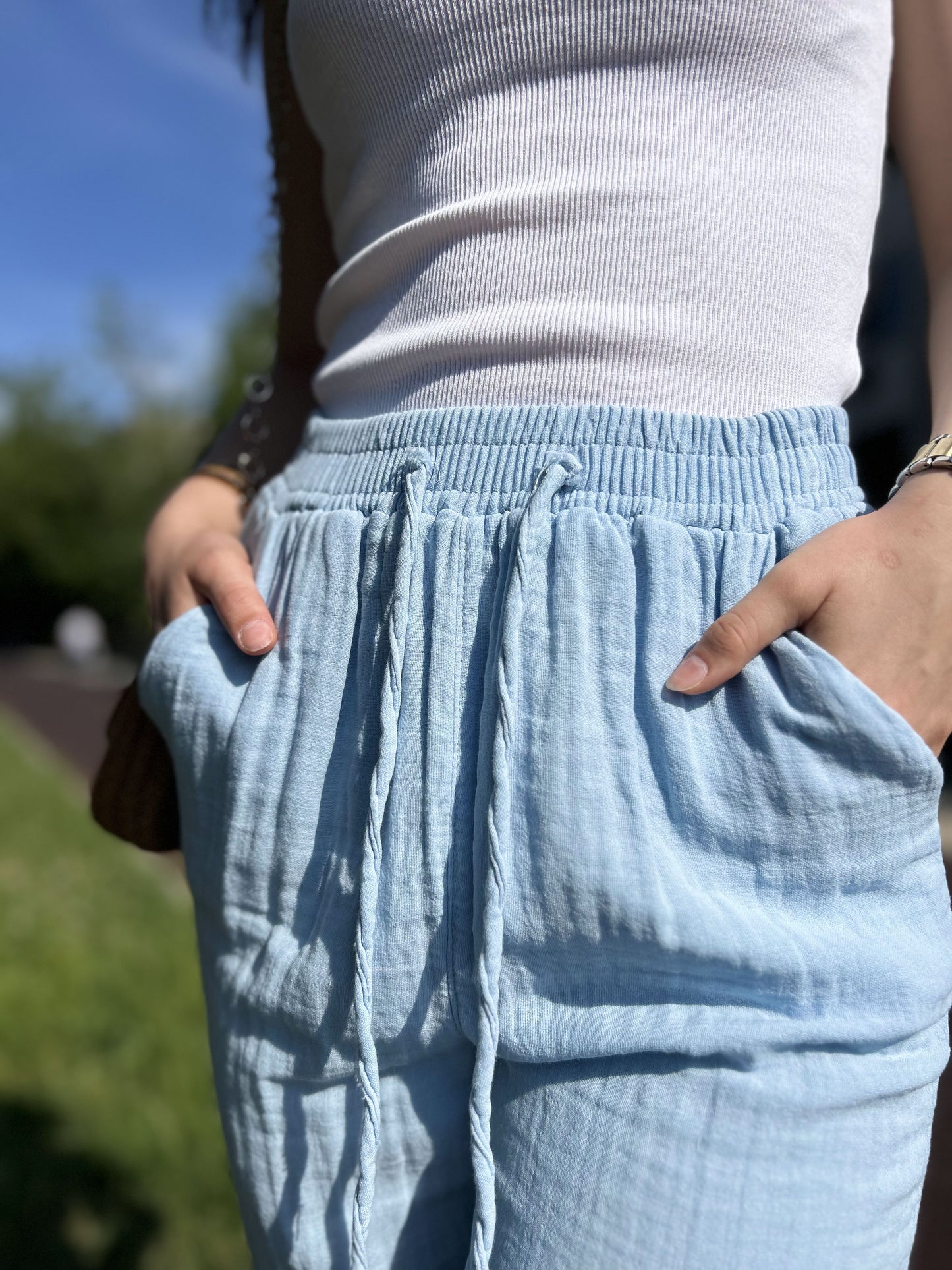 Sky Blue Cotton Muslin Palazzo Jogger Pants with Drawstring Waist, Lightweight Breathable Summer Trousers for Effortless Comfort and Style