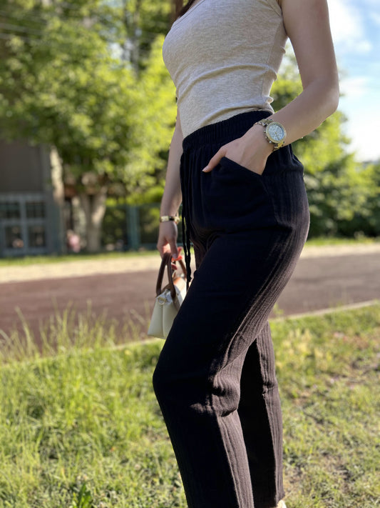 Slim Fit Black Cotton Muslin Palazzo Pants with Drawstring Waist, Breathable Lightweight Joggers for Summer Comfort and Effortless Style