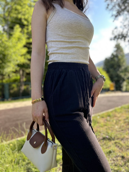 Slim Fit Black Cotton Muslin Palazzo Pants with Drawstring Waist, Breathable Lightweight Joggers for Summer Comfort and Effortless Style