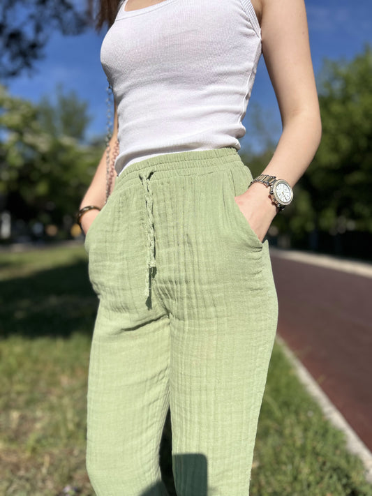 Light Green Cotton Muslin Palazzo Jogger Pants with Drawstring Waist, Soft Breathable Slim Fit Trousers for Summer Comfort and Casual Style