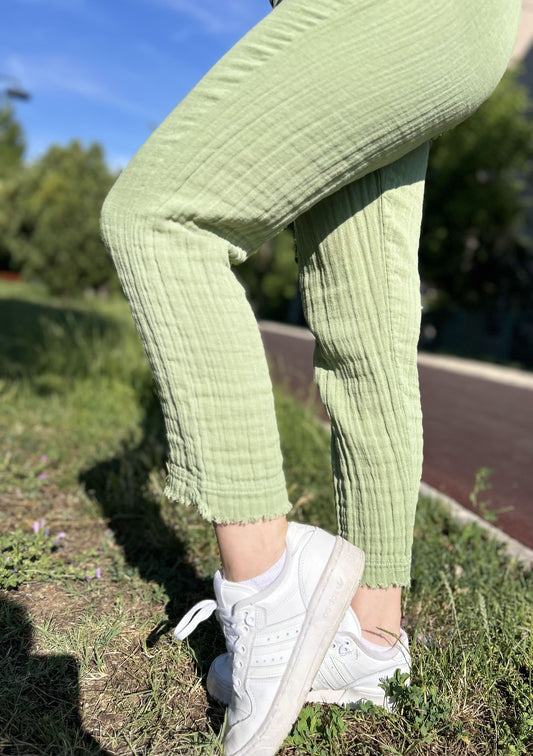 Light Green Cotton Muslin Palazzo Jogger Pants with Drawstring Waist, Soft Breathable Slim Fit Trousers for Summer Comfort and Casual Style