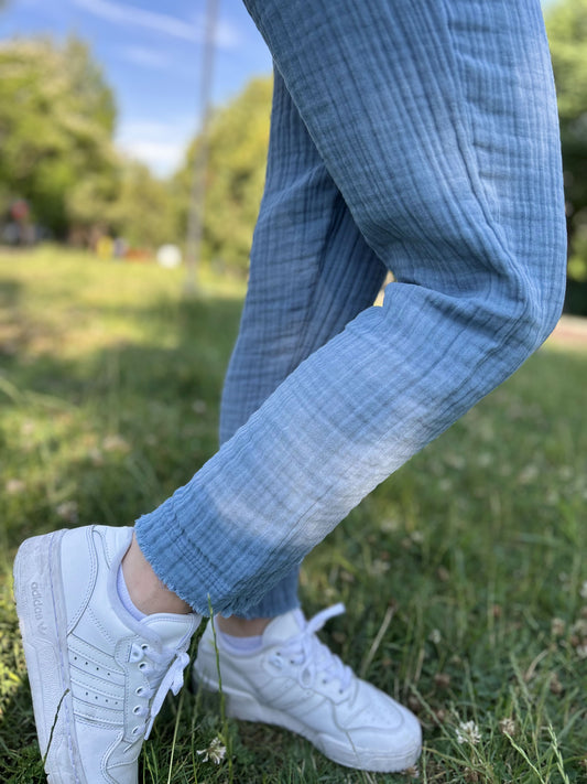 Indigo Blue Cotton Muslin Palazzo Pants with Elastic Waistband and Drawstring, Lightweight Summer Joggers for Stylish Breathable Comfort