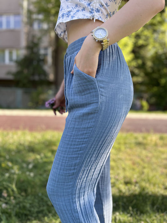 Indigo Blue Cotton Muslin Palazzo Pants with Elastic Waistband and Drawstring, Lightweight Summer Joggers for Stylish Breathable Comfort