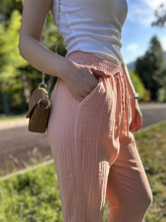 Blush Pink Cotton Muslin Palazzo Jogger Pants with Drawstring Waist, Breathable Lightweight Slim Fit Lounge Pants for Everyday Comfort