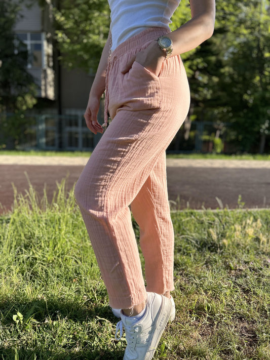 Blush Pink Cotton Muslin Palazzo Jogger Pants with Drawstring Waist, Breathable Lightweight Slim Fit Lounge Pants for Everyday Comfort