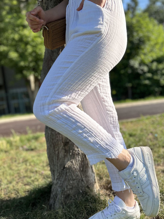 White Cotton Muslin Palazzo Jogger Pants with Elastic Drawstring Waist, Lightweight Breathable Summer Lounge Pants for Casual Chic Style