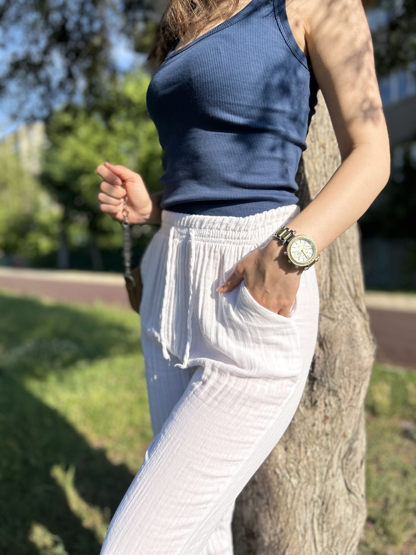 White Cotton Muslin Palazzo Jogger Pants with Elastic Drawstring Waist, Lightweight Breathable Summer Lounge Pants for Casual Chic Style
