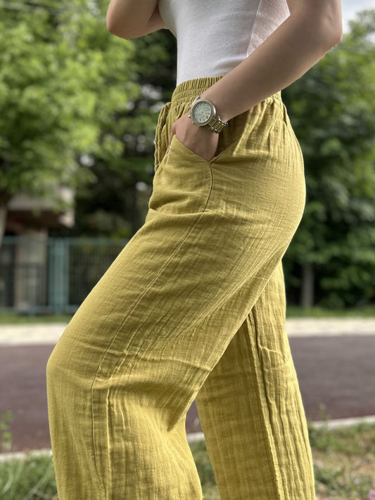 Sunshine Yellow Cotton Muslin Palazzo Jogger Pants with Drawstring Waist, Breathable Slim Fit Summer Trousers for Light and Stylish Comfort