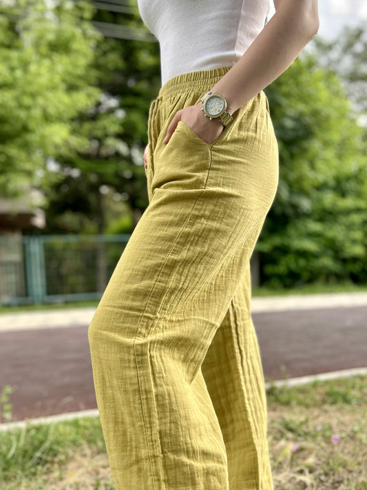 Sunshine Yellow Cotton Muslin Palazzo Jogger Pants with Drawstring Waist, Breathable Slim Fit Summer Trousers for Light and Stylish Comfort