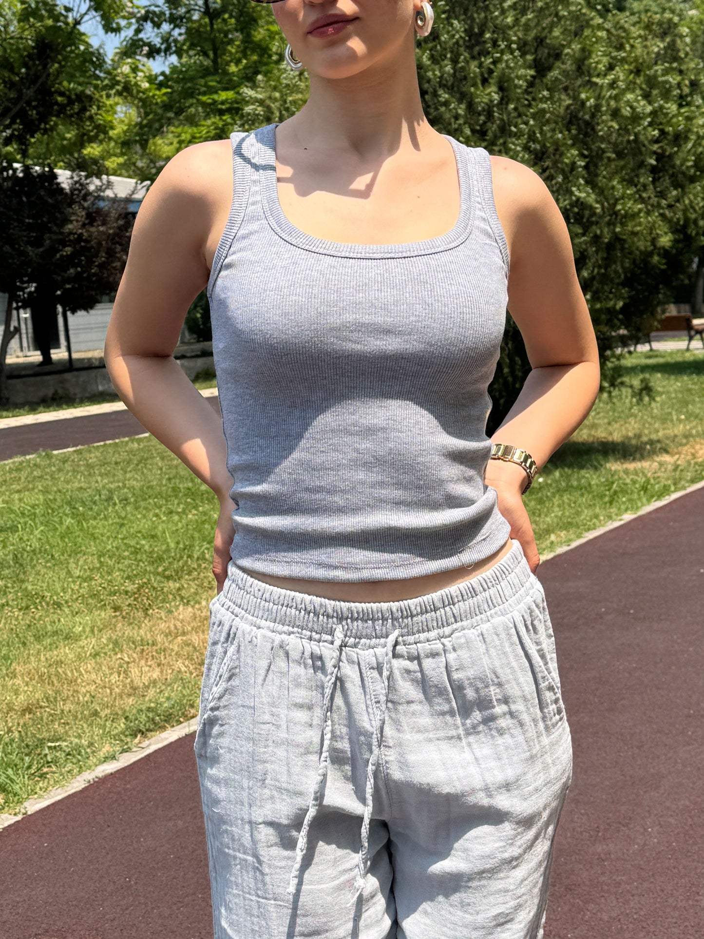 Grey Ribbed Cotton Blend Crop Tank Top for Women, Slim Fit Wide Strap Camisole with Scoop Neck, Soft Stretchy Basic for Everyday Comfort
