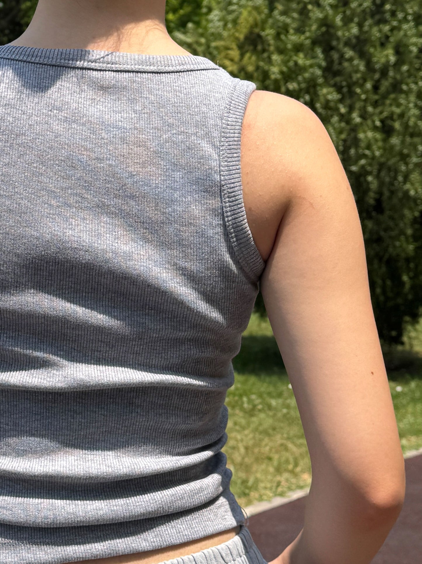 Grey Ribbed Cotton Blend Crop Tank Top for Women, Slim Fit Wide Strap Camisole with Scoop Neck, Soft Stretchy Basic for Everyday Comfort