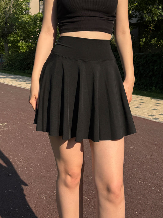 Black Pleated Active Skort for Women, High Waist with Compressive Inner Shorts, Breathable Stretch Fabric for Casual, Workout or Streetwear