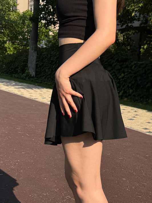 Black Pleated Active Skort for Women, High Waist with Compressive Inner Shorts, Breathable Stretch Fabric for Casual, Workout or Streetwear