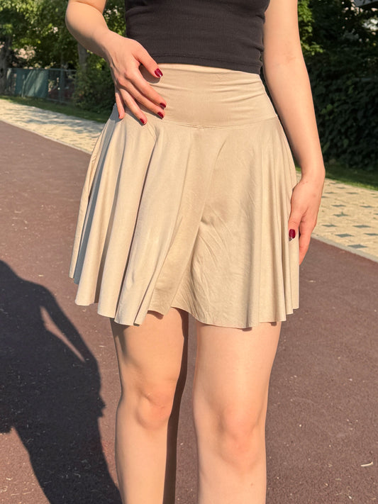 Latte Brown Pleated Active Skort with Compressive Shorts, High Waist Stretch Mini Skirt for Women, Soft Breathable Fabric for Movement