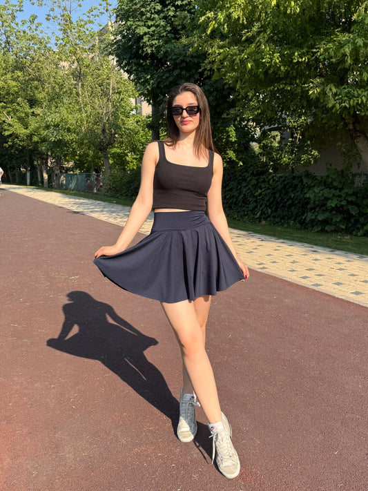 Navy Blue High Waist Pleated Active Skort for Women with Compressive Shorts, Stretchy Lightweight Sporty Mini Skirt for All-Day Comfort