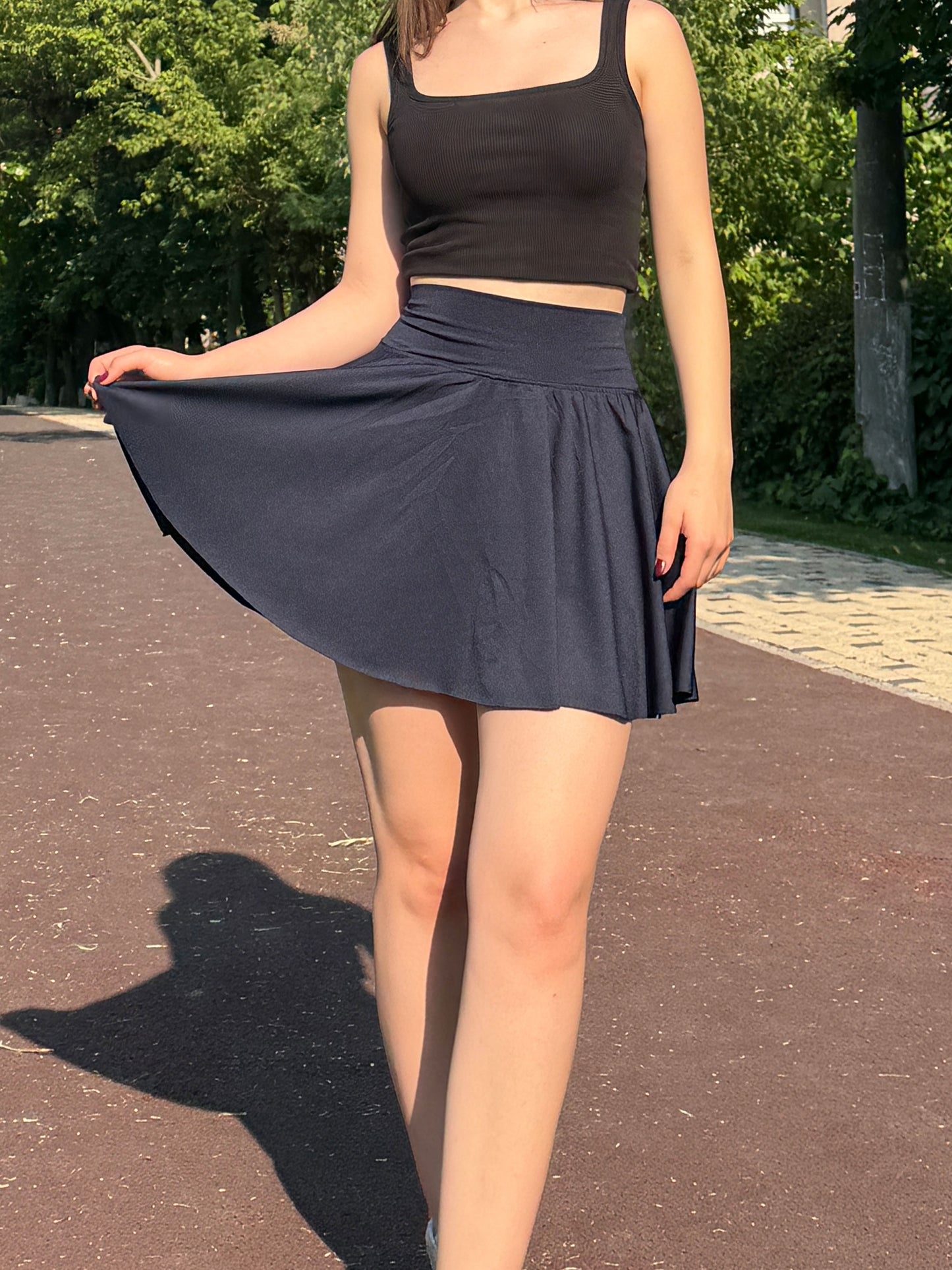 Navy Blue High Waist Pleated Active Skort for Women with Compressive Shorts, Stretchy Lightweight Sporty Mini Skirt for All-Day Comfort