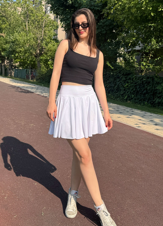 White Pleated Mini Skort with Built-In Shorts, High Waist Activewear Skirt for Women, Lightweight Stretchy Athleisure for Everyday Wear