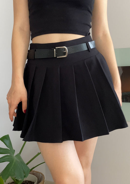 Black Pleated Belted Mini Skort for Women, High Waist Slim Fit Lined Skirt Shorts with Zipper, Modern Feminine Style for Day to Night Wear