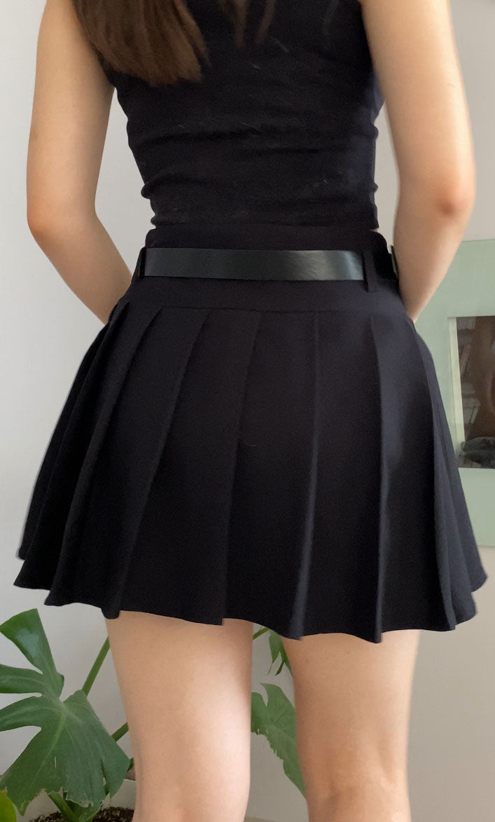 Black Pleated Belted Mini Skort for Women, High Waist Slim Fit Lined Skirt Shorts with Zipper, Modern Feminine Style for Day to Night Wear