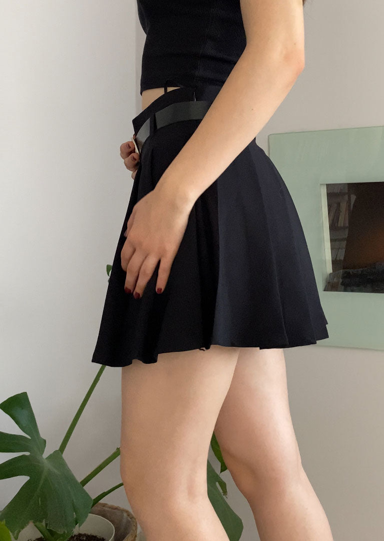 Black Pleated Belted Mini Skort for Women, High Waist Slim Fit Lined Skirt Shorts with Zipper, Modern Feminine Style for Day to Night Wear