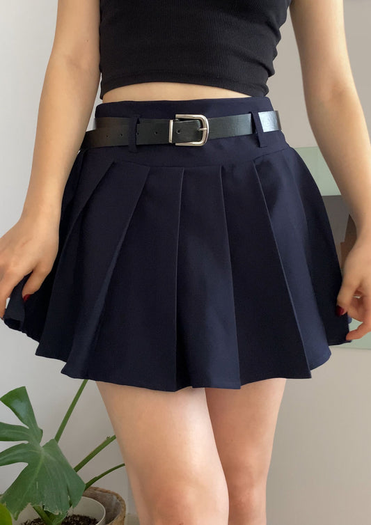 Black Pleated Belted Mini Skort for Women, High Waist Slim Fit Lined Skirt Shorts with Zipper, Modern Feminine Style for Day to Night Wear