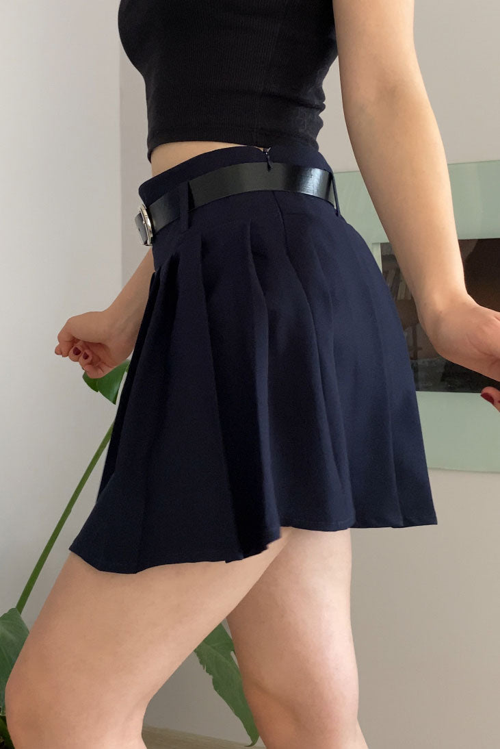 Black Pleated Belted Mini Skort for Women, High Waist Slim Fit Lined Skirt Shorts with Zipper, Modern Feminine Style for Day to Night Wear