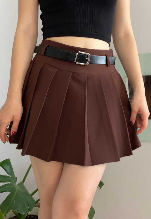 Brown Pleated Mini Skort with Belt for Women, High Waist Lined Skirt Shorts with Zipper, Chic Slim Fit Design for Everyday or Night Out