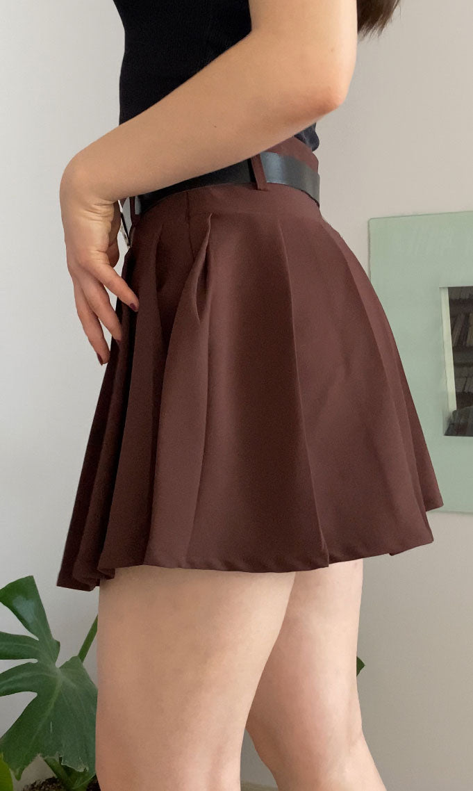 Brown Pleated Mini Skort with Belt for Women, High Waist Lined Skirt Shorts with Zipper, Chic Slim Fit Design for Everyday or Night Out