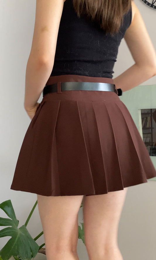 Brown Pleated Mini Skort with Belt for Women, High Waist Lined Skirt Shorts with Zipper, Chic Slim Fit Design for Everyday or Night Out