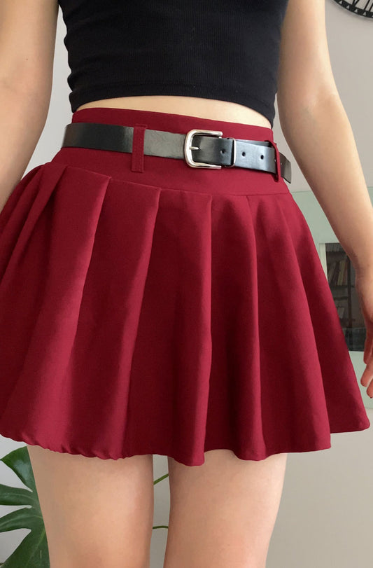 Bordeaux Pleated Mini Skort with Belt for Women, High Waist Lined Skirt Shorts with Zipper Closure, Elegant Slim Fit for Casual or Night Out