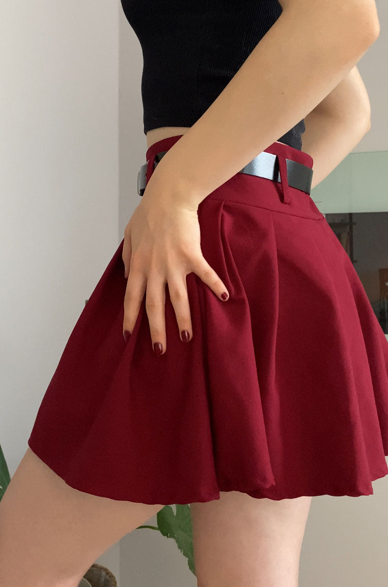 Bordeaux Pleated Mini Skort with Belt for Women, High Waist Lined Skirt Shorts with Zipper Closure, Elegant Slim Fit for Casual or Night Out