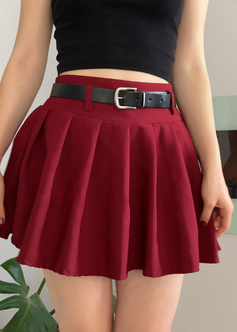 Bordeaux Pleated Mini Skort with Belt for Women, High Waist Lined Skirt Shorts with Zipper Closure, Elegant Slim Fit for Casual or Night Out
