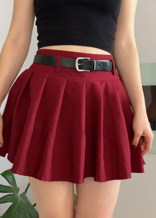 Bordeaux Pleated Mini Skort with Belt for Women, High Waist Lined Skirt Shorts with Zipper Closure, Elegant Slim Fit for Casual or Night Out