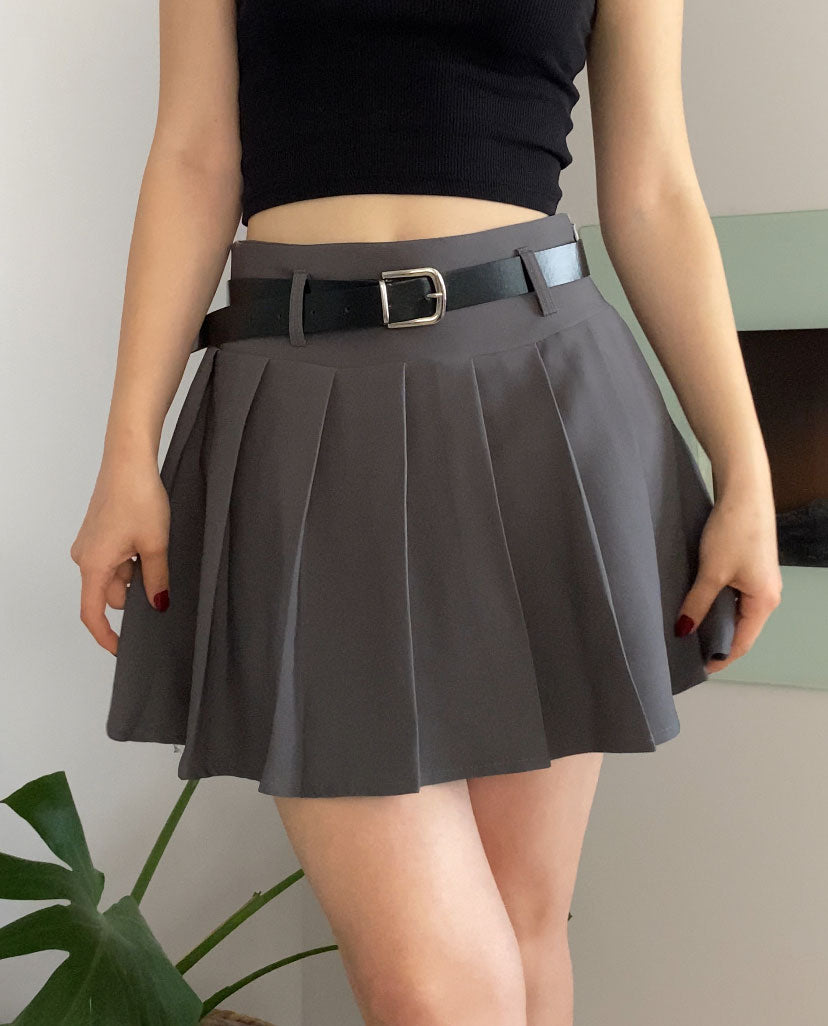 Grey Pleated Mini Skort with Belt for Women, High Waist Lined Skirt Shorts with Zipper, Chic Minimalist Slim Fit for Everyday and Night Wear