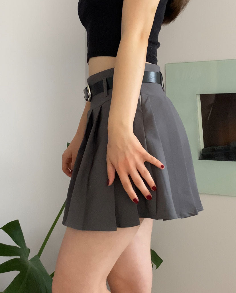 Grey Pleated Mini Skort with Belt for Women, High Waist Lined Skirt Shorts with Zipper, Chic Minimalist Slim Fit for Everyday and Night Wear