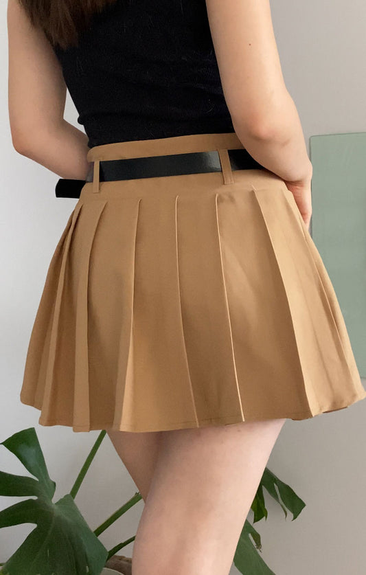 Latte Brown Pleated Mini Skort with Belt for Women, High Waist Lined Skirt Shorts, Soft Neutral Slim Fit for Casual, Chic, or Everyday Looks